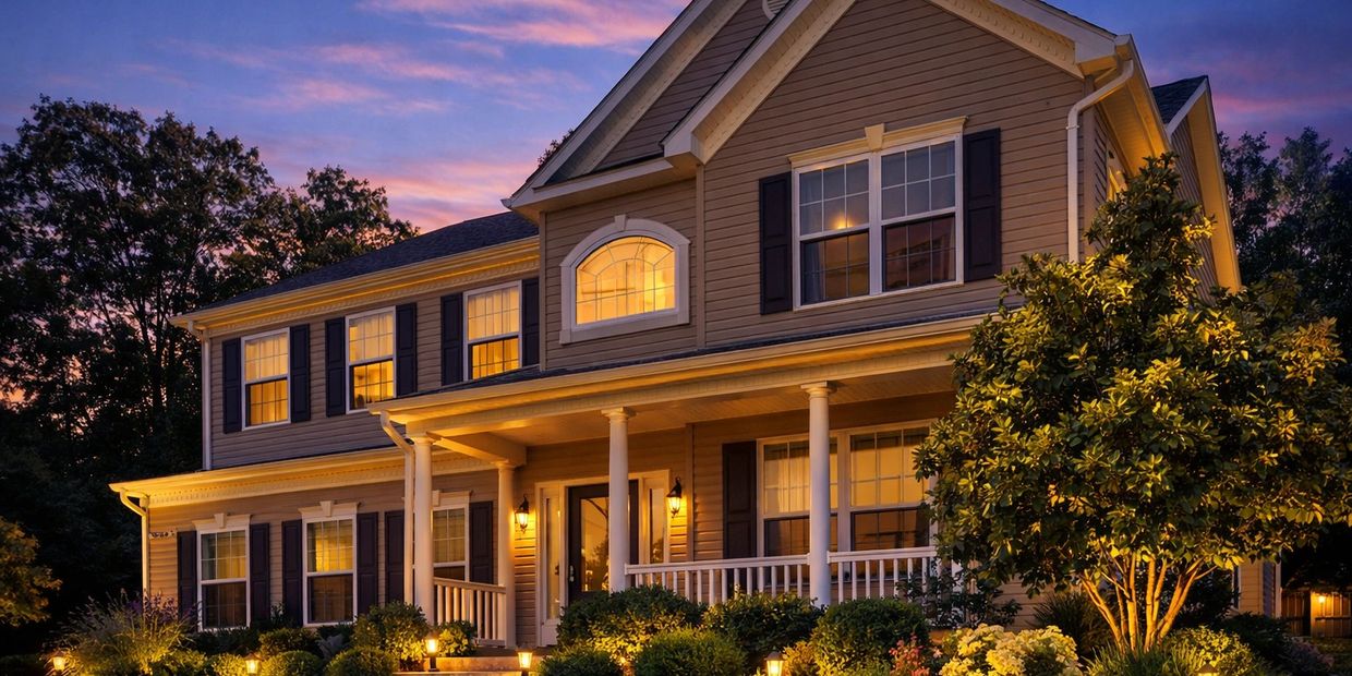 A warmly lit two-story house at twilight with a welcoming porch and lush landscaping.
