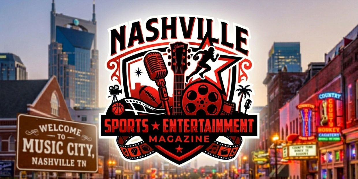 Nashville Sports and Entertainment Magazine logo with Music City background.