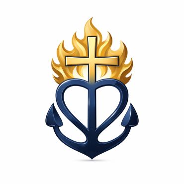 Anchor, cross, and flaming heart symbol.
