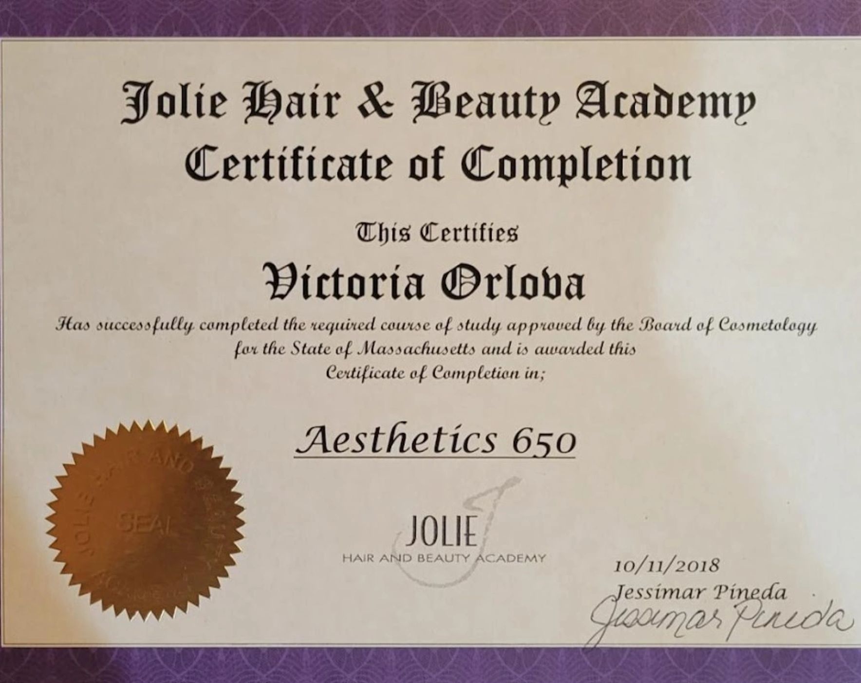 Certificate of Completion Aesthetics 650