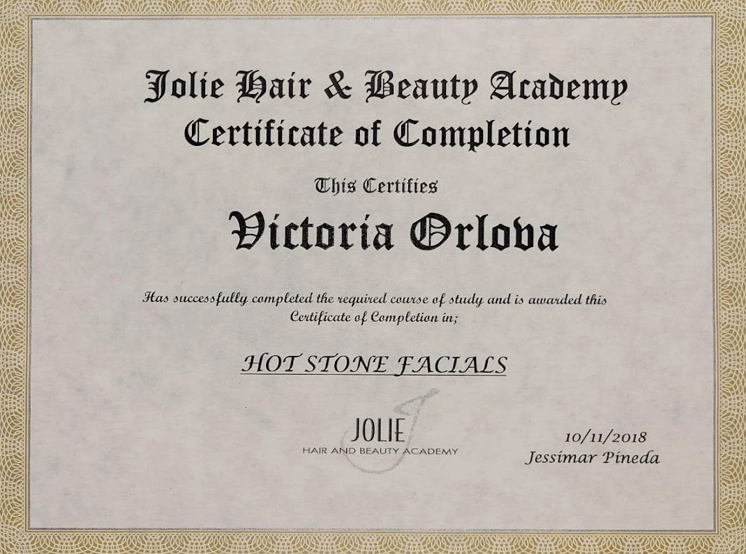 Certificate of completion Hot Stone Facials