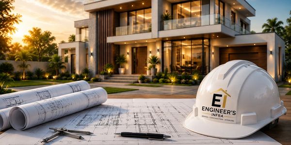 Architectural plans and helmet in front of a modern house at sunset.