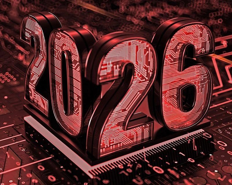 The year 2026 depicted with futuristic digital circuit patterns and glowing effects.