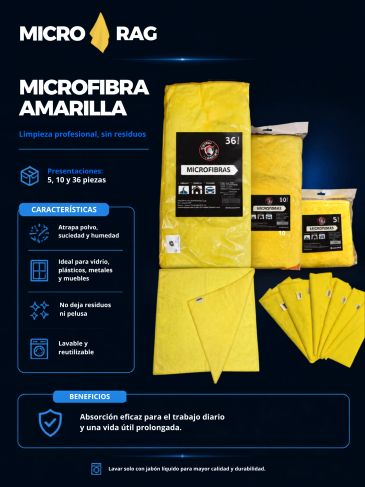 Microfibra amarilla para limpieza profesional, disponible en presentaciones de 5, 10 y 36 piezas.