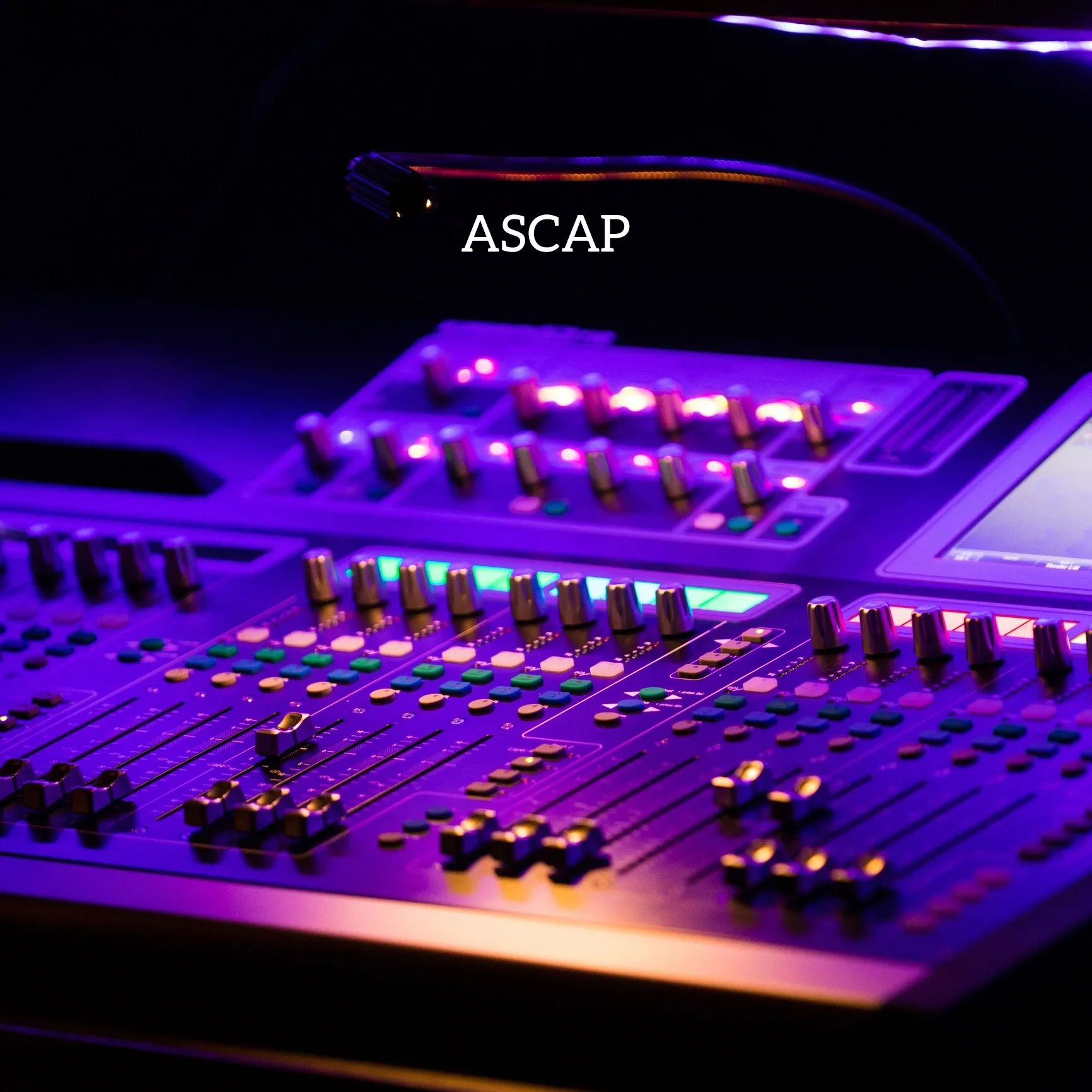 Close-up of a purple-lit audio mixing console with ASCAP text.