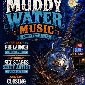 Muddy Water Music festival poster featuring blues guitar and event details.