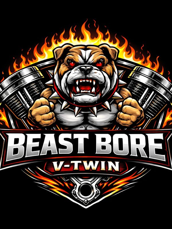 Angry bulldog logo with flames and engine parts.