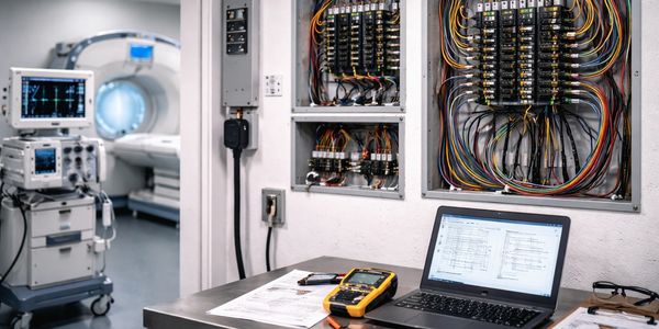 Workstation with laptop and electrical panels in a medical imaging room.