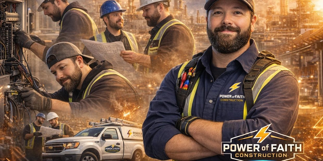 Construction worker confidently posing with a Power of Faith Construction logo and tagline.
