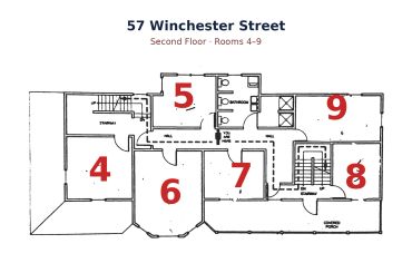 Floor plan of second floor rooms 4-9 at 57 Winchester Street.