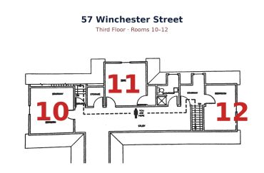 Floor plan of rooms 10-12 on the third floor at 57 Winchester Street.