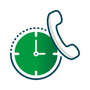 A green and blue clock-phone symbolizes 24 by 7 support for peace of mind.