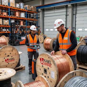 Two workers handling large cable reels in a warehouse.