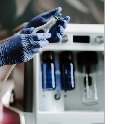 Person in gloves holding a skincare device.