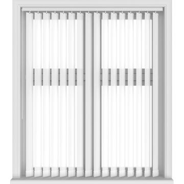 Vertical blind with metal track and material slat hanging. The blind will have weights and chain
