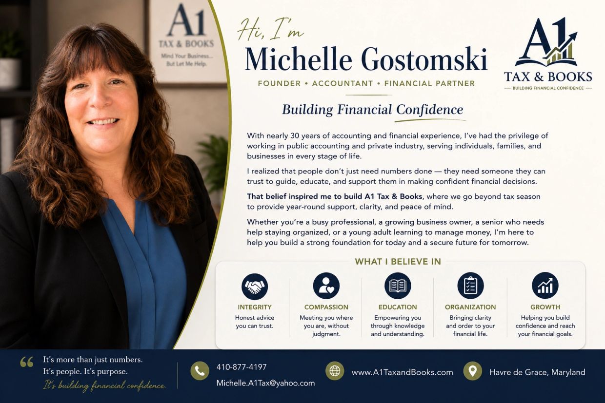 Michelle Gostomski, founder of A1 Tax & Books, offers trusted financial and accounting services.