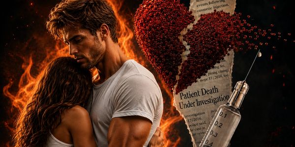 Couple embraces amidst flames with syringe and broken heart visual.