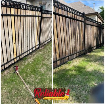 Before and after fence staining in Keller Texas showing restored color and wood protection