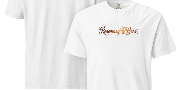 White t-shirt with "Rosemary & Bees" text.