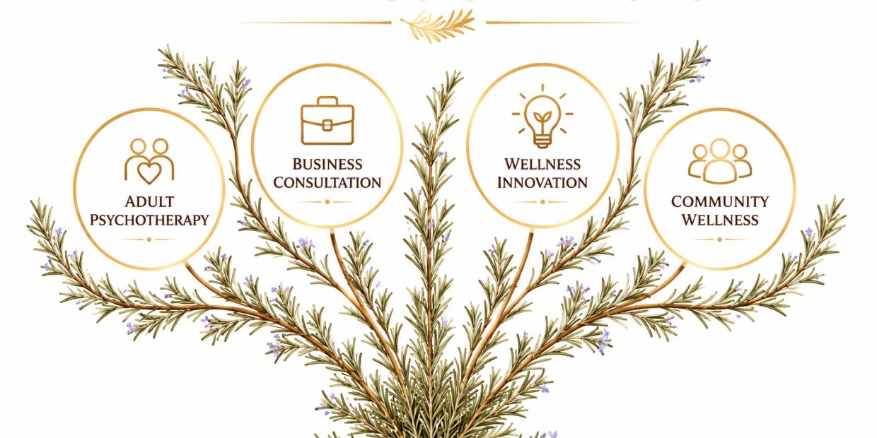Four wellness and business services icons on a floral branch design.