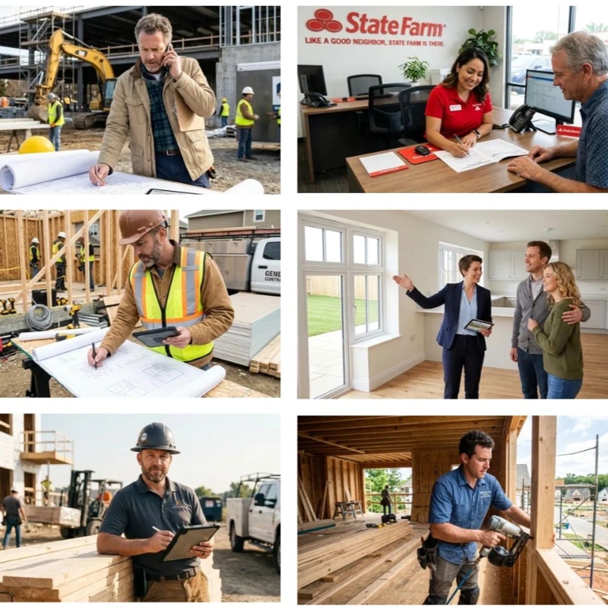 Various scenes of construction and real estate professionals at work and consultation.