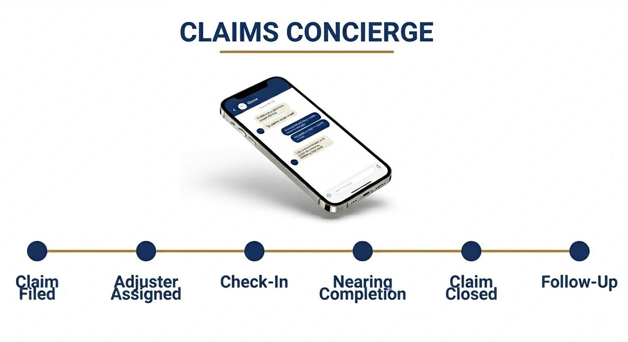 Claims Concierge process with 6 steps and a phone chat interface.