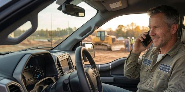 Man in workwear talking on phone inside pickup truck at construction site.
