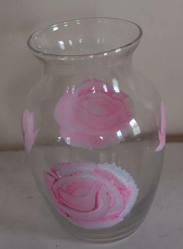 Small handpainted glass vase with pink roses 