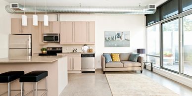 Industrial Kitchen and living room space