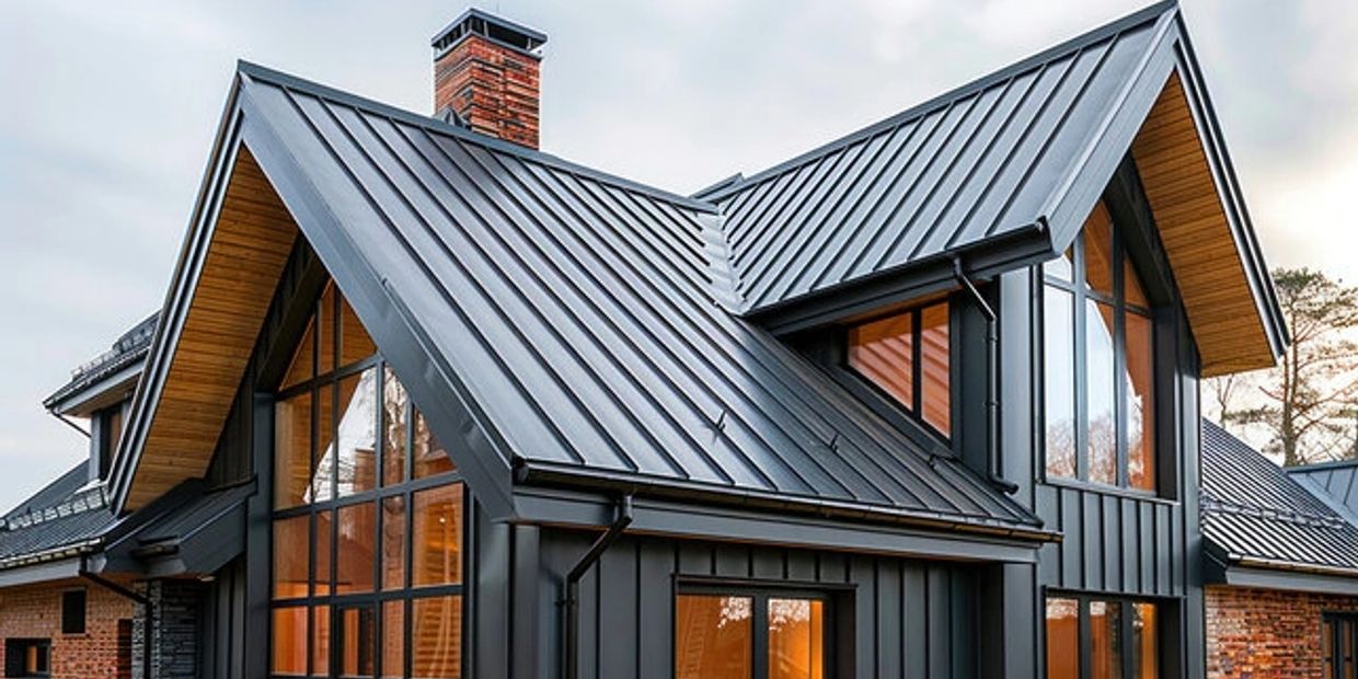Modern house with sleek metal roofing and large glass windows.