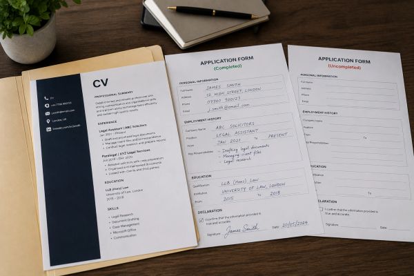 Job application documents including a CV, completed and uncompleted application forms.