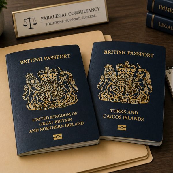 Two British passports on a desk with legal books and client notes.