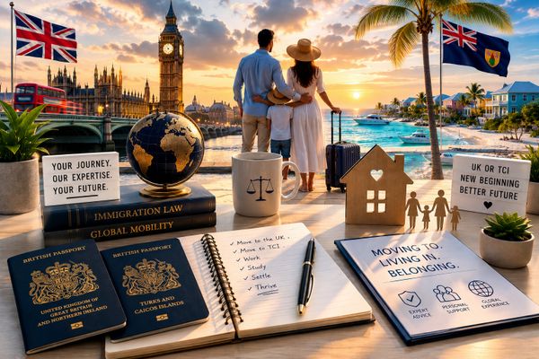 Family planning migration between UK and Turks and Caicos Islands with passports and legal advice.