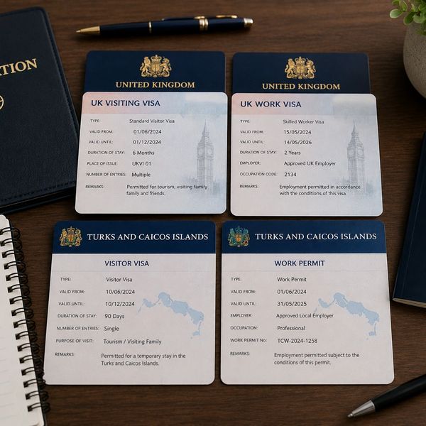 Visas and passports from the UK and Turks and Caicos Islands on a wooden desk.