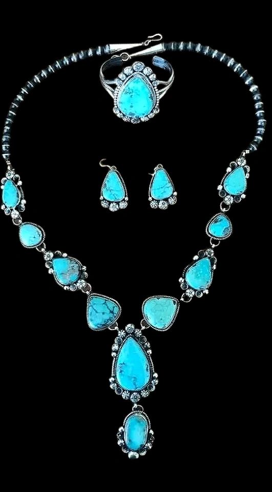 Stunning Damien Cotton Turquoise Set - Lariat, Cuff, and Earrings