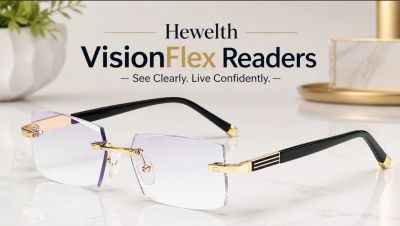 Elegant rimless reading glasses with gold and black accents.