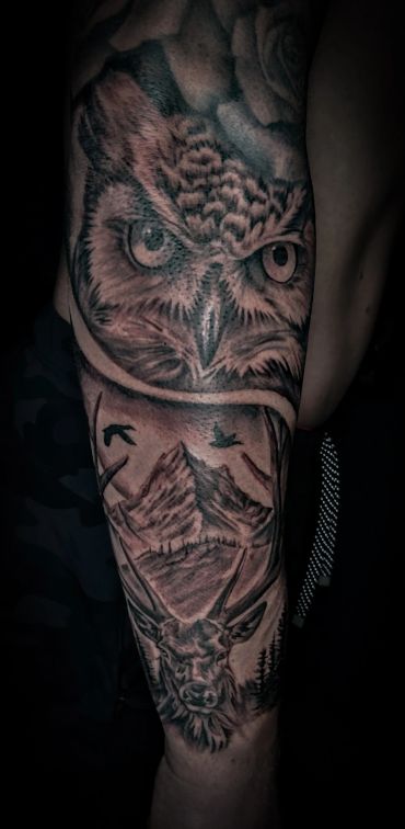 Detailed black and gray tattoo of an owl, mountain, and deer on an arm.