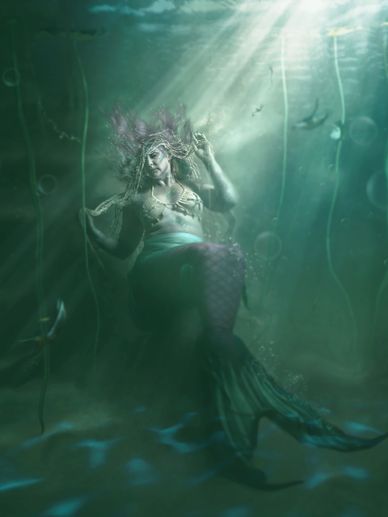 A serene mermaid resting underwater amidst rays of light.