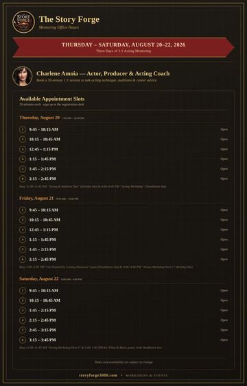 Available appointment slots for Charlene Amoia's acting coaching sessions.