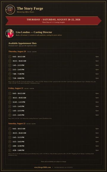 Mentoring office hours schedule for casting director Lisa London.