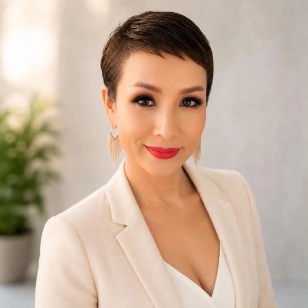Confident woman with short hair, wearing a white blazer and red lipstick.