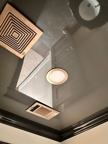 black gloss ceiling with bronze fixtures