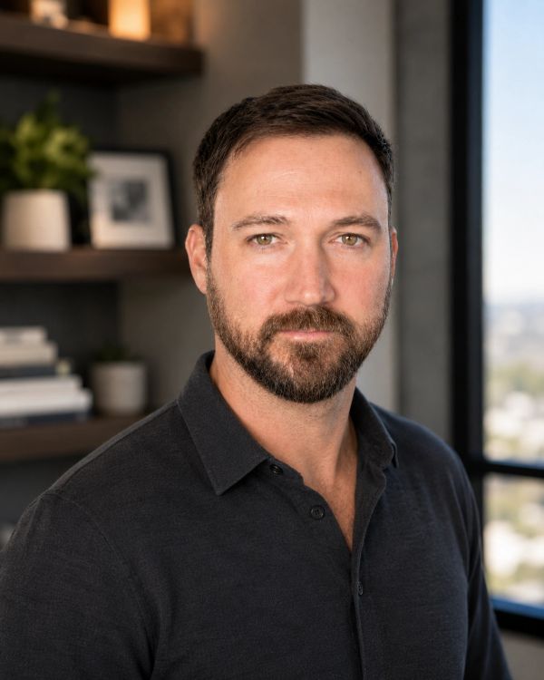 Man with beard wearing a dark shirt indoors.