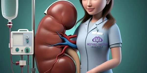3D illustration of a nurse with a kidney and dialysis machine.
