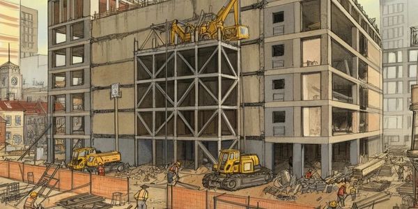 Construction site with workers and machinery building a concrete structure.