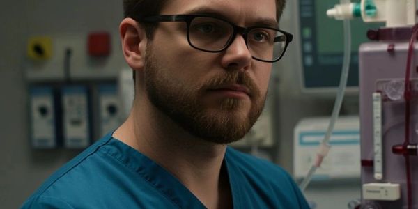 A male healthcare professional in blue scrubs working in a medical setting.