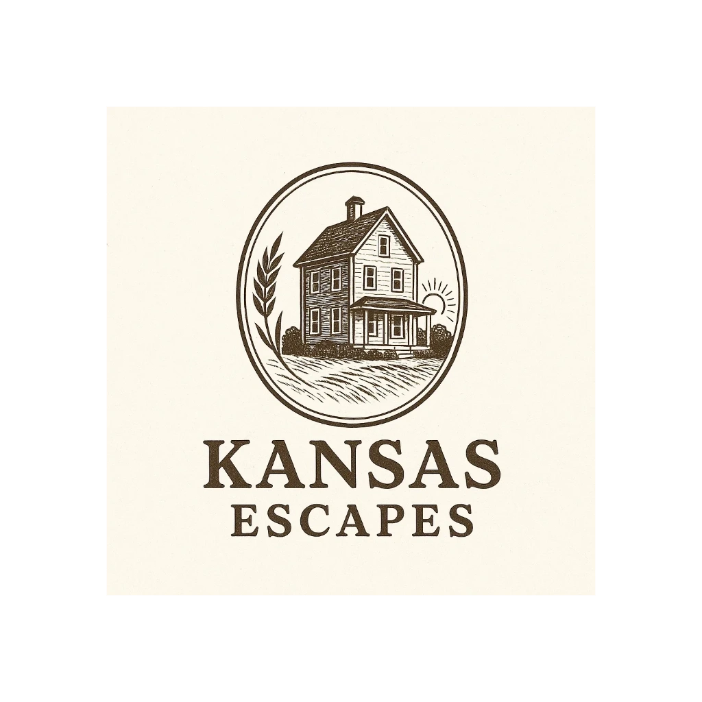 Vintage logo of a farmhouse with sun, labeled Kansas Escapes.