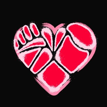 Heart-shaped design with abstract red and pink shapes.