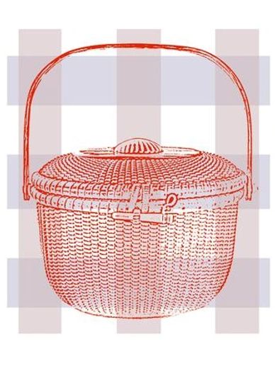 Illustration of a basket with lid and handle.