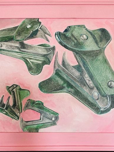 Drawing of green staplers on a pink background.